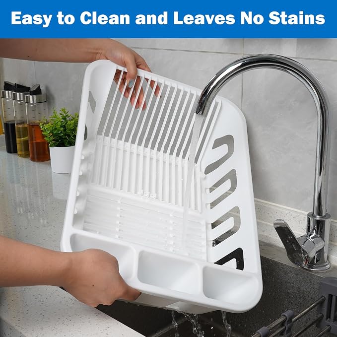 KOOMADE 2-Pack Large Dish Drying Rack for Kitchen Counter -Dish Drainer Set with Drainboard Heavy Duty Plastic Counter Organizer for Dishes, Cups, Knives, Spoons and Forks, Made in USA (White) - Image 8