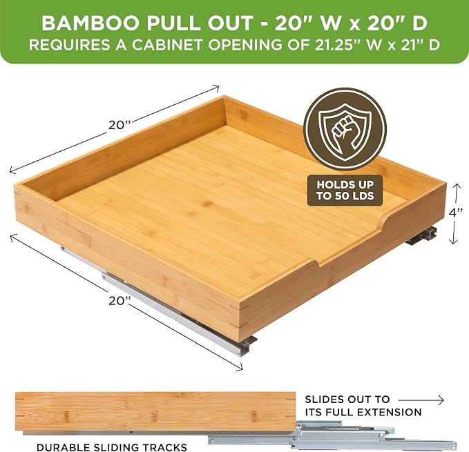 HOLDN’ STORAGE Bamboo Wooden Pull Out Cabinet Organizer 20"W x 21"D | Bamboo Tray and Heavy Gauge Metal Rails, W/Lifetime Limited Warranty, Fits 21.25"W x 21"D Cabinets - Image 3