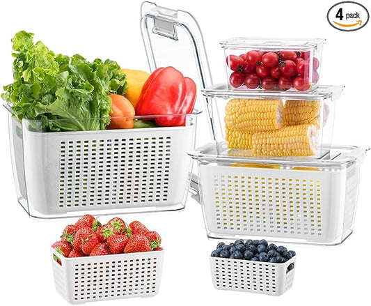 LUXEAR 4 Pack Fruit Vegetable Containers for Fridge, Produce Saver Container with Lids &Removable Colander BPA-free Refrigerator Storage Organizer for Fruit Vegetable, Berry, Meat keep Fresh Longer by Luxear
