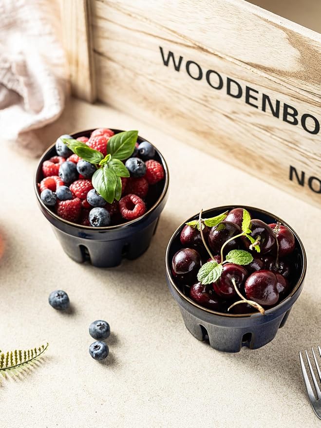 Gomakren Ceramic Berry Bowls with Holes Set of 2 for Fridge, Cobalt Blue | Drain holes keep fruits fresh, stackable, wash & serve, round strawberry basket for fridge kitchen counter, lovely home gift - Image 6