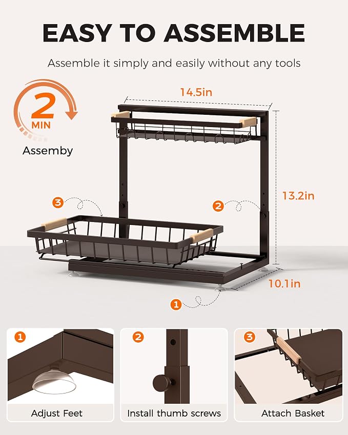3-Pack 2-Tier Height Adjustable Under Sink Organizer, Brown | Multi-purpose metal storage shelf with sliding shelves for kitchen, bathroom, pantry & laundry cabinet - Image 9