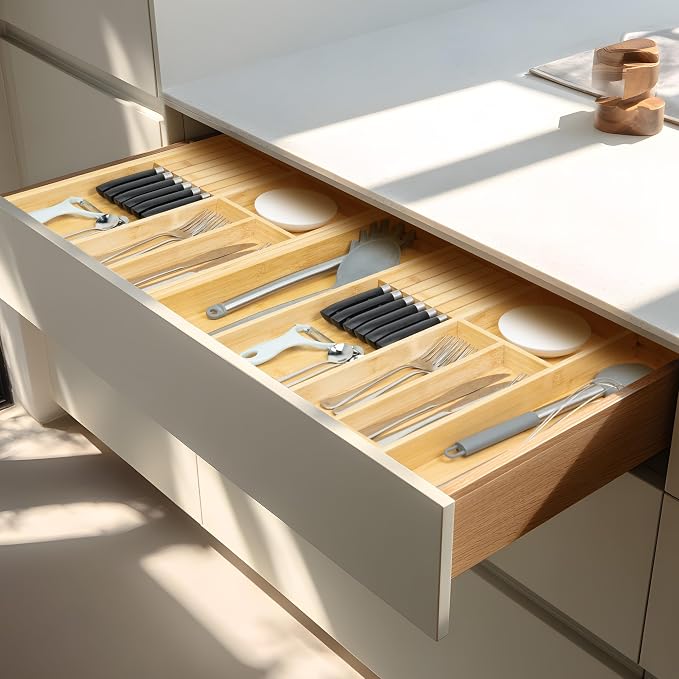 VaeFae Bamboo Silverware Drawer Organizer, 6 Slots, Natural | Expandable, Kitchen Utensil Organizer, Removable Knife Block, Cutlery Tray with Divider, Fork and Spoon Holder - Image 6