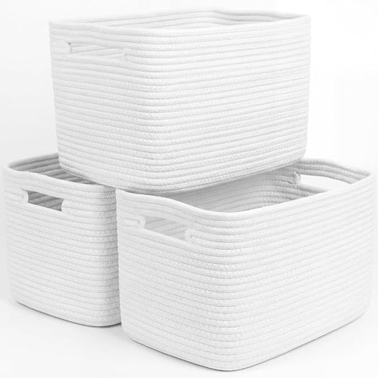 Storage Baskets for Organizing, 14 x 10 x 9” Closet Shelf Woven Baskets, Square Bins with Handles, Cotton Rope Basket for Clothes, Office, Room, White 3 Pack by Unknown