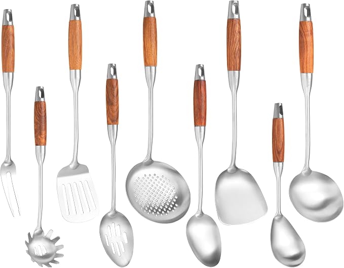 Stainless Steel Kitchen Utensils Set for Cooking Wooden Handle | 304-Healthy;Wooden handle-Anti-scald;Good length,hanging hole-Easy to store;Includes everything from spatulas to a masher by NIITAWH