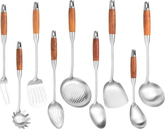 Stainless Steel Kitchen Utensils Set for Cooking Wooden Handle | 304-Healthy;Wooden handle-Anti-scald;Good length,hanging hole-Easy to store;Includes everything from spatulas to a masher by NIITAWH
