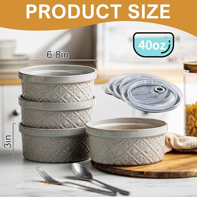 Large Ceramic Mixing Bowls with Lids Set of 4, 40 oz Salad Bowls for Kitchen Food Storage, Airtight Serving Bowls for Meal Prep, Cereal, Leftovers, Office Lunch, and Camping, Grey - Image 7
