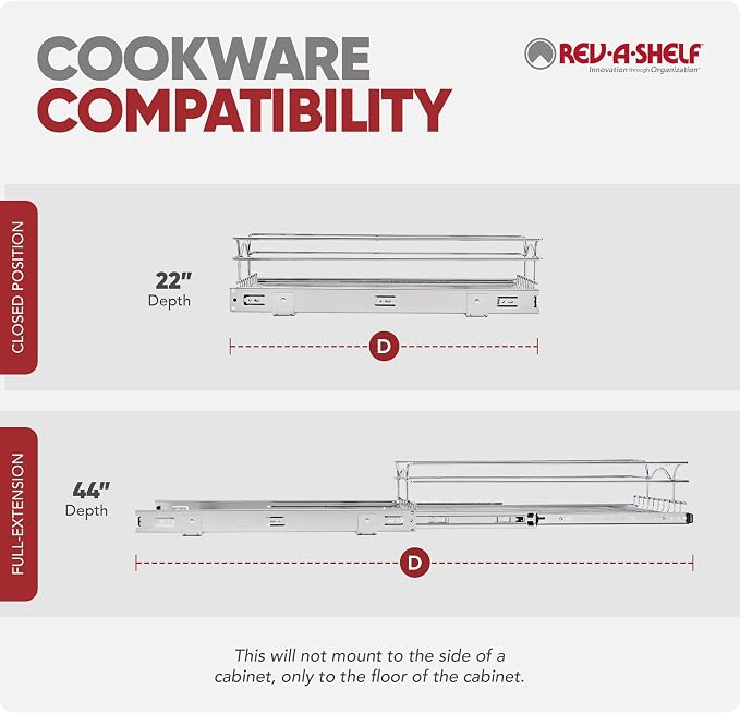 Rev-A-Shelf Steel Wire Pullout Drawer Organizer Shelf for Kitchen Cabinets, Slide Out Storage Basket, Min Opening Width of 11.5" W, 12" x 22", 5WB1-1222CR-1 - Image 9