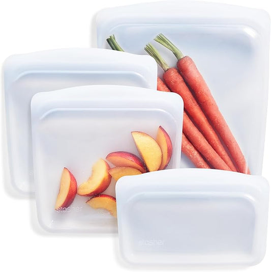 Stasher Premium Reusable Silicone Food Storage Bags, 4-Pack, Clear | Food-Safe Silicone, Eco-Friendly, Reusable Freezer Bags, Microwave, Dishwasher, Snack Bags, Lunch Containers, Meal Prep by Stasher