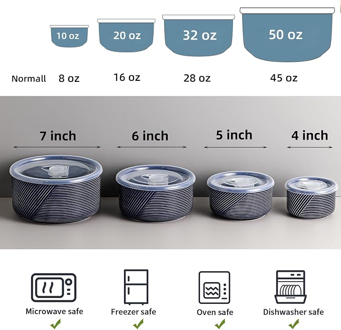 Ceramic Nesting Bowls with Lids, Set of 4, Navy | 50/32/20/10 oz Mixing Bowls with Lids - Porcelain Food Storage Containers For Prep and Serving, Microwave Safe - Image 2