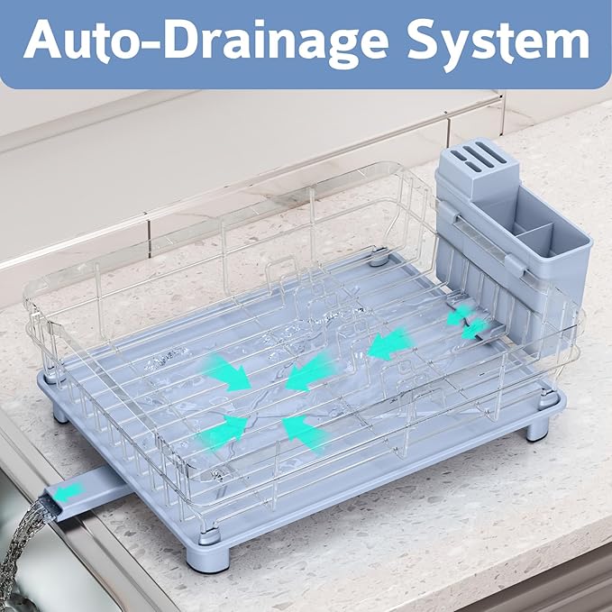 Dish Drying Rack - Space Saving Dish Rack - Dish Racks for Kitchen Counter with Drainboard,Rustproof Dish Drainer with Removable Utensil Holder,Blue - Image 2
