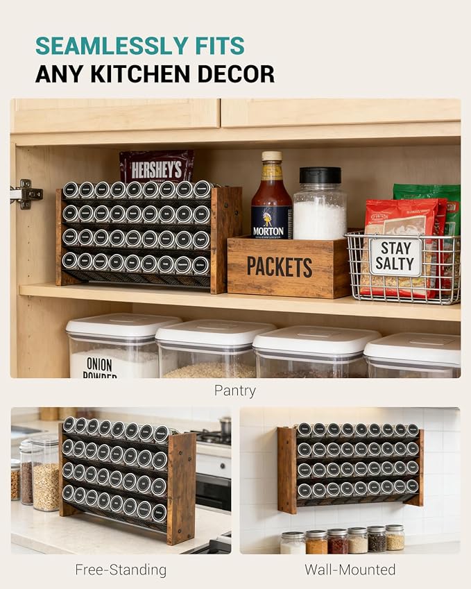 NESAPTO Spice Rack Organizer for Cabinet, Wood 4-Tier Vertical Seasoning Organizer, Wall Mount or Countertop Spice Shelf, Holds 36 Jars (No Jars Included), 17.2" W x 10.3" H - Image 6