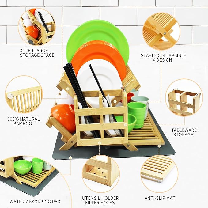 YZHDUXIU Bamboo Dish Drying Rack with Utensil Holder, 3 Tier Collapsible Dish Rack, Large Dish Racks for Kitchen Counter, Wooden Folding Dish Drainer with Dish Drying Mat (3 Tier (with Drying Mat)) - Image 4