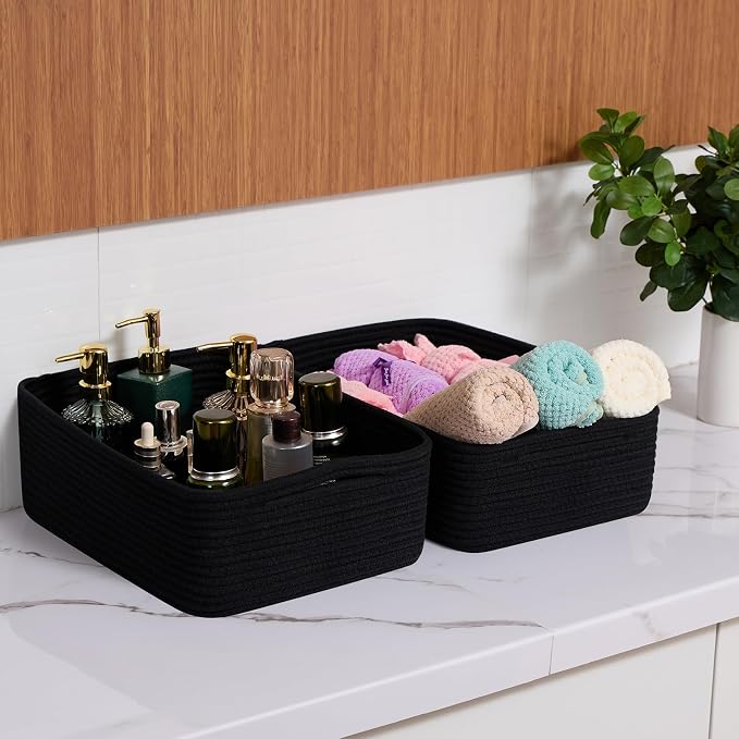 MiniArk Large Shallow Organizing Baskets 15x11x5.1 Inches - Rope Woven Storage Bins for Bathroom, Shelves, Cube Closet, Black 2 Packs - Image 6