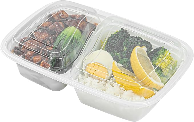 Asporto 32 Ounce Compartment Take Out Boxes, 50 Microwavable Meal Prep Containers - 2 Compartments, With Clear Plastic Lids, White Plastic Food Containers, Do Not Contain BPA - Restaurantware - Image 9