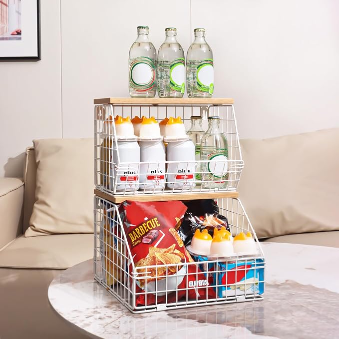 Mefirt White Fruit Bowl, 2-Tier Fruit Basket for Kitchen Counter, Stackable Wall Mounted Veggie Storage, Snack Organizer, Potato and Onion Storage Basket, Hanging Pantry Organizer with Wood Lid, 2 Set - Image 9