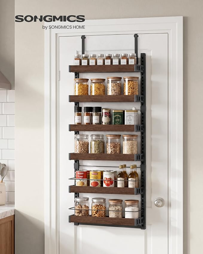 SONGMICS 6-Tier Over the Door Pantry Organizer, Adjustable Spice Rack with Anti-Tipping Wire, Wall Mounted Storage, 16.9 x 6.2 x 55.3 inch, Ink Black and Natural Walnut, UKCS048B101 - Image 2