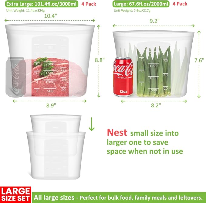 Reusable Storage Bags, Set of 2 Large Sizes, 8 Pack 100% Silicone Food Storage Bags Stand Up Zip Lock Bag for Food, Freezer Microwave Oven Dishwasher Safe, 4 XL-4/5 Gallon, 4 L-1/2 Gallon, Translucent - Image 3