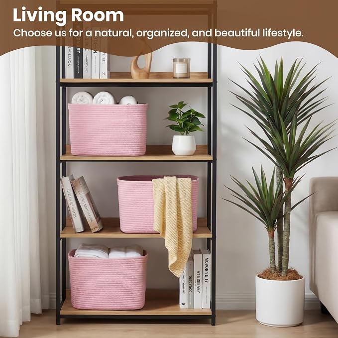 Storage Baskets for Organizing, 14 x 10 x 9” Closet Shelf Woven Baskets, Square Bins with Handles, Cotton Rope Basket for Clothes, Office, Room, Pink 3 Pack - Image 3
