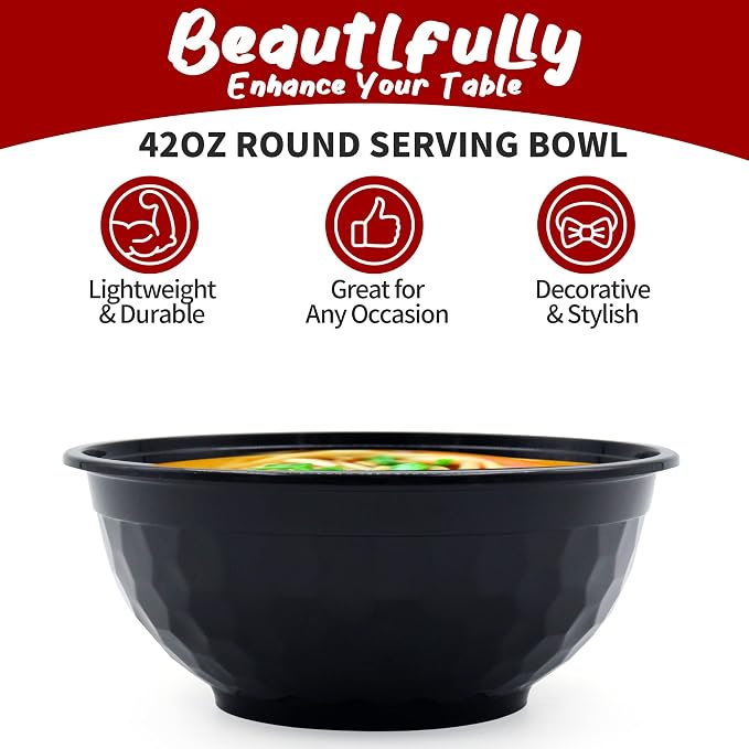 150 Pcs Stackable Meal Prep Bowl Containers,42 OZ Food Takeout Bowls Reusable,Black Disposable With Lids,Microwavable Dishwasher Safe Leak Resistant for Noodle Soup,Salads& Ramen (42oz) - Image 3