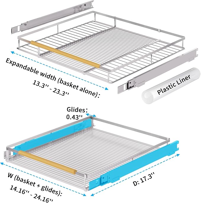 Expandable Pull Out Drawer Cabinet Organizer, Adjustable Width Bottom-Mounted Slide Out Storage Shelves for Cabinets, Required Cabinet Size (14.16"~24.36", D≥17.3"), 2 Pack - Image 2