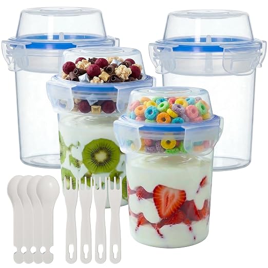 480ml Airtight Cereal Storage Container with Separate Topping Cup Leak-Resistant Clip-Lock Lid Stackable Snack & Yogurt Cup for On-the-Go Breakfast Travel School Office & Daily Use, Set of 4 by Basicwise