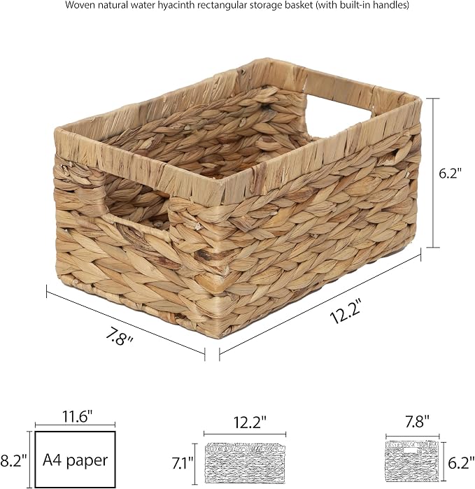 Woven Natural Water hyacinth basket Rectangular organizer basket with Handle for Desktop, Bathroom, Entryway,Kingwillow.(Small) - Image 8