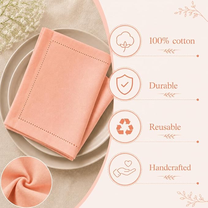 Cotton Cloth Napkins Set of 12, 18x18 Cotton Napkin Cloth Washable, Soft, Reusable Napkins for Wedding, Parties, Christmas, Thanksgiving, Everyday Use (Peach) - ALPHA Living HOME - Image 5