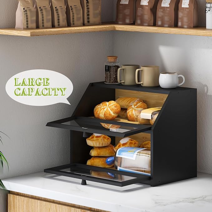 BMOSU Farmhouse Bread Box for Kitchen Countertop Bread box Double Layer Bamboo Wooden Extra Large Capacity Bin Kitchen Food Storage Container(Black) - Image 6
