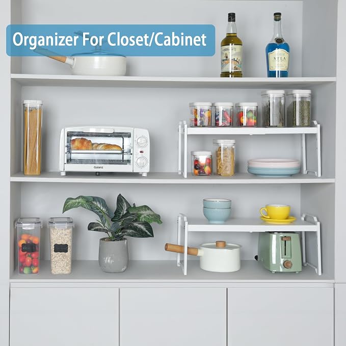 Set of 2 Expandable Kitchen Cabinet Shelves Organizers, Stackable Adjustable Small Storage Shelf Rack Stand For Pantry Cabinet Cupboard Kitchen Counter Organization, 22 lbs Capacity, Length:20.5" - Image 6