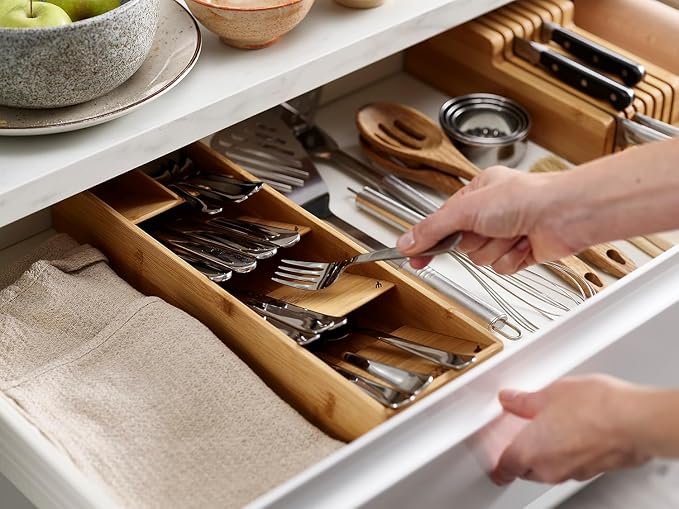 Joseph Joseph DrawerStore Compact Utensil Organizer For Kitchen Drawer Silverware, Flatware Tray, Small, Bamboo - Image 4