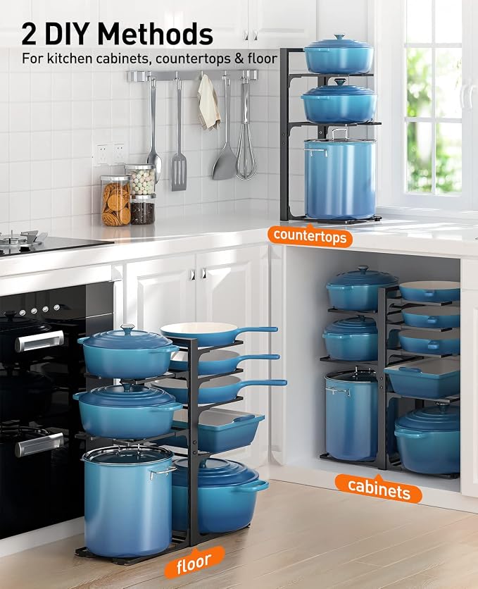 Pots and Pans Organizer Under Cabinet 20.8", 8-Tier Adjustable Black | 2 DIY Modes, Tool-Free Assembly, Max 120 Lbs, Fits Large Stockpots, Cast Iron Pans & Heavy Cookware, For Kitchen Cabinets - Image 5