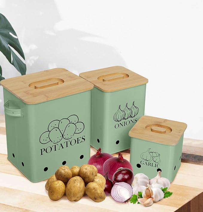Kitchen Canisters Set, Storage Bin for Potato Onion & Garlic, 3 Pack Set Countertop Pots Containers with Wooden Lid - Potato Storage, Garlic Bin, Onion Keeper Tin with Aerating Holes-Green - Image 3
