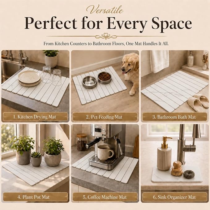 2 PCS Large Stone Dish Drying Mat for Kitchen Counter, 24" x 16" Diatomaceous Earth Dish Mat with 8" x 4" Coaster, Quick Dry Foldable Absorbent Mat for Dishes, Cups, Bottles (White) - Image 7
