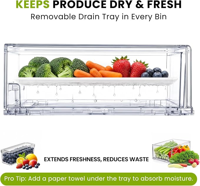 6Pack Fridge Organizers and Storage with Drain Trays,BPA-Free PET,Stackable | 2 Pull-Out Organizers & 4 Containers with Drain Trays For Fruit, Vegetable, Drink, Snack Food Storage - Image 5