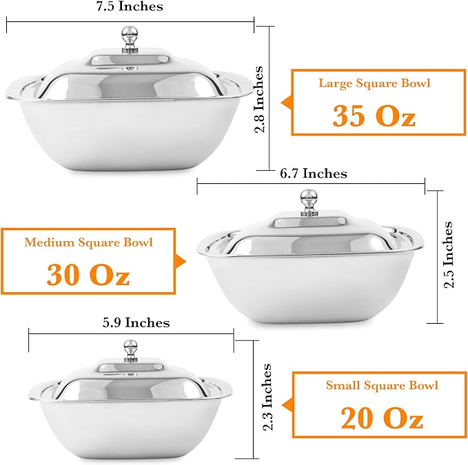 CRAFTONE Stainless Steel Square Mixing Bowls Set of 3 with Lid, Ideal for Baking & Serving Salad, Rice, Desert, Food Storage Bowl Set (20 Oz, 30 Oz and 35 Oz) - Image 2