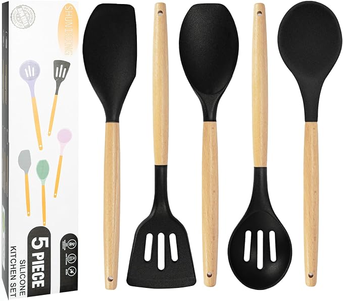 Non-Stick Silicone Cooking Utensils Set, 5 Pcs with Wooden Handle, Heat Resistant Silicone Kitchen Gadgets (Black) by SHUNIKING