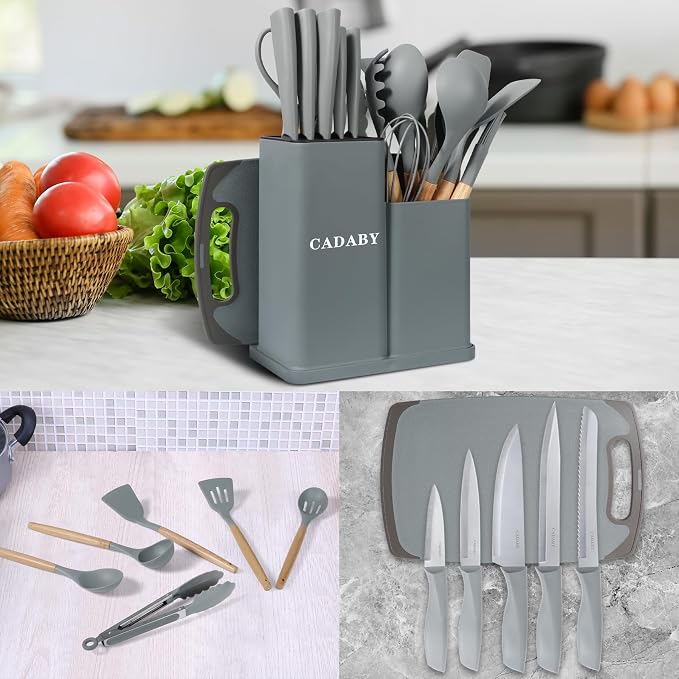 19PCS Gray Kitchen Cooking Utensils Set Kitchen Tools Set | 6 Stainless Steel Knives, 11 Silicone Utensils with 1 Cutting Board, Ideal for Apartment - Image 9