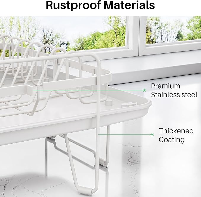 SNTD Large Dish Drying Rack for Kitchen Counter, Expandable, White | Stainless Steel Dish Drainer, Adjustable Length 18.9''-29.3'', Automatic Drainage, 360° Spout, Cutlery Holder with Knife Slot - Image 8