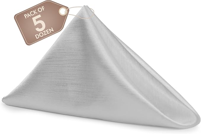 17x17-Inch Shantung Satin Cloth Napkins, Silver, Set of 60 | Bulk Case of 5 Dozen, Square, 100% Polyester Fabric, Reversible, Faux Dupioni Silk Reverse Side, Machine Washable by UltimateTextile