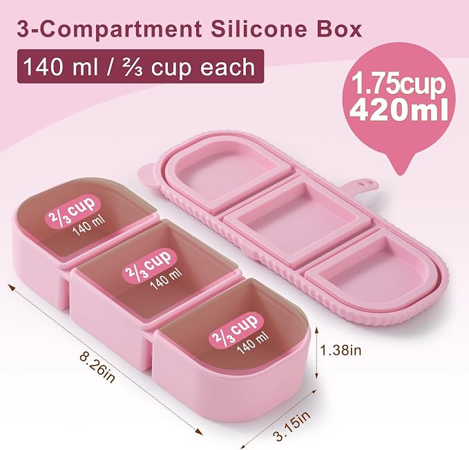 2Pack Silicone Reusable Snack Containers with Lids | Small 3-Compartment Snackle Box |Perfect for Kids Lunch, Sauce, Food Storage at School, Work, Travel - Image 2
