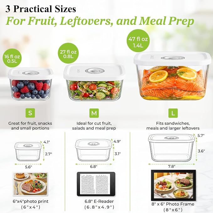 URPOWER Glass Vacuum Seal Containers for Food Storage, 3PCS Set with Lids | 3PCS(16/27/47 fl oz), Airtight Food Storage Containers Stackable for Leftovers, Meal Prep, Refrigerator, Freezer and Pantry - Image 2