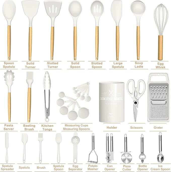 Umite Chef Silicone Kitchen Utensil Set, 34PCS Heat Resistant Kitchen Gadgets and Tools With Grater, Cream White Wood Handles for Nonstick Cookware - Image 5