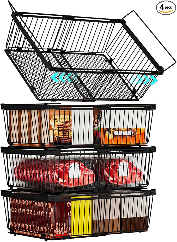 Large Freezer Organizer Bins for 10 to 20 Cu.Ft,Leak-Proof Bottom,4 Pack | ANJUBANFreezer Organizer Bins, Stackable,expandable,foldable,With handle Wire Storage Container Baskets for Sort Frozen Meats by ANJUBAN
