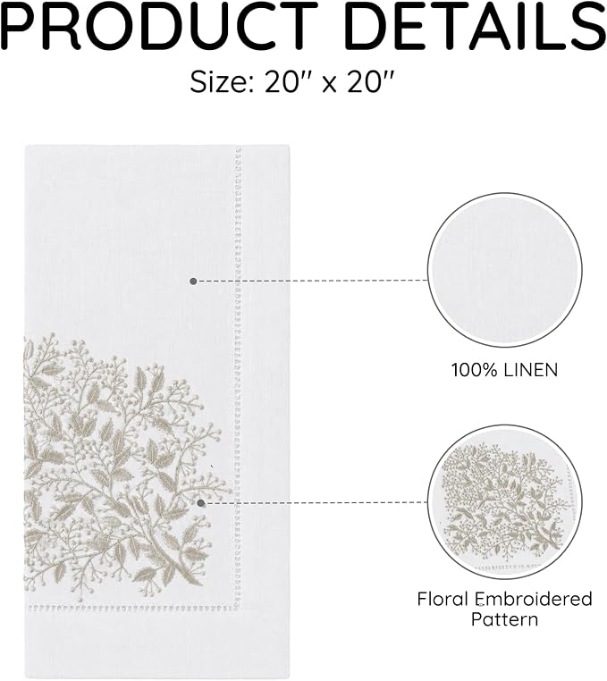 Cloth Napkins Set of 4, 20x20 inch, 100% Linen Hand Embroidered French Knot, Reusable & Machine Washable, Elegant Table Napkins for Dinner, Weddings, Parties (White Taupe) - Image 3