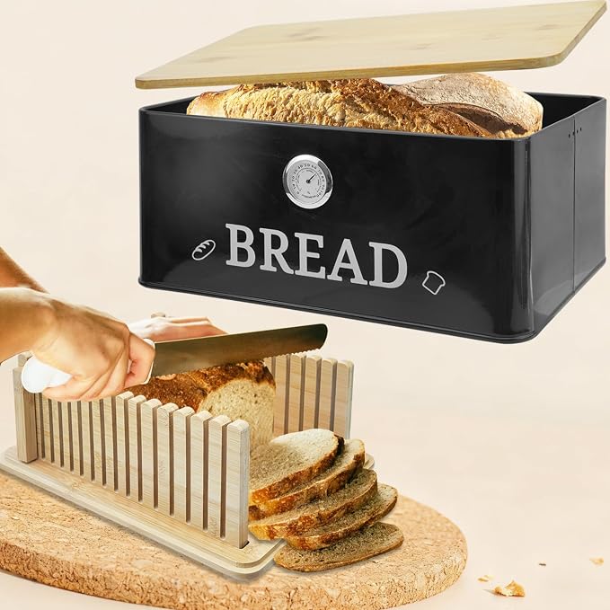 Black Bread Box for Kitchen Countertop with Bamboo lid, Hygrometer Kitchen Organizer for Sourdough, Buns, and Loaves, Bread Storage Container with Cutting Board Lid - Image 5