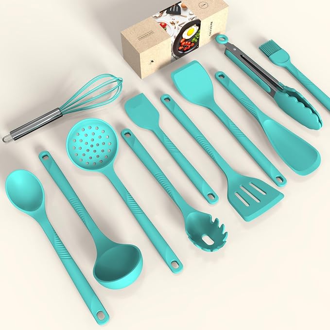 Silicone Cooking Utensils Set - 600°F Heat Resistant, Nonstick Kitchen Utensil Set with Spatulas, Spoons, Whisk, Tongs, BPA Free, Dishwasher Safe (Teal) - Image 2