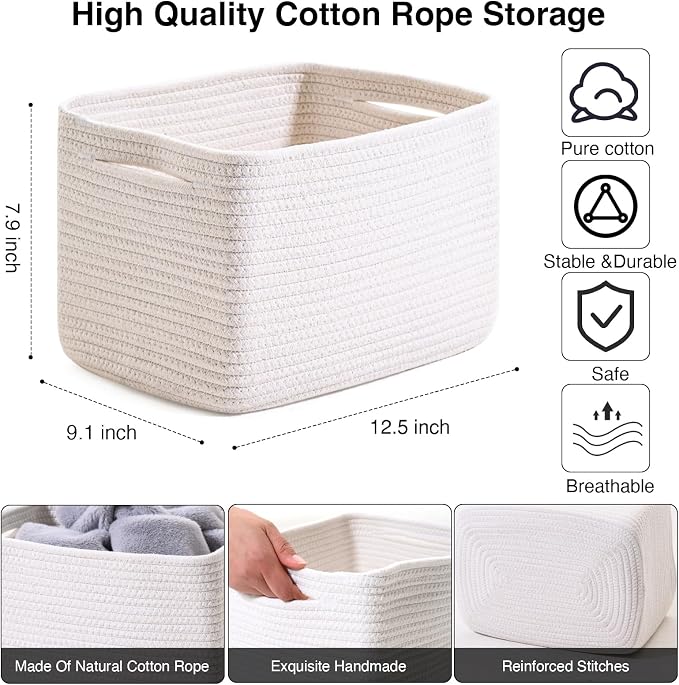 ICERZCZ Storage Baskets for Organizing 12.5"x9.1"x7.9" (4 Packs) Off White | Storage Bin for Shelves, Woven Cotton Rope Basket with Handles for Bedroom Living Room Nursery Bathroom - Image 3