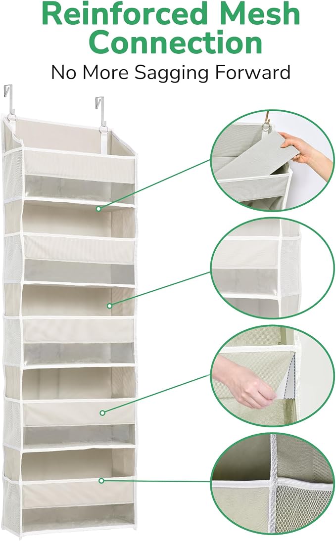 ULG 1-Pack Over Door Organizer with 5 Large Pockets 10 Mesh Side Pockets, 44 lbs Weight Capacity Hanging Storage Organizer with Clear Window for Bedroom Bathroom Kitchen, RV, Camper, Beige - Image 5