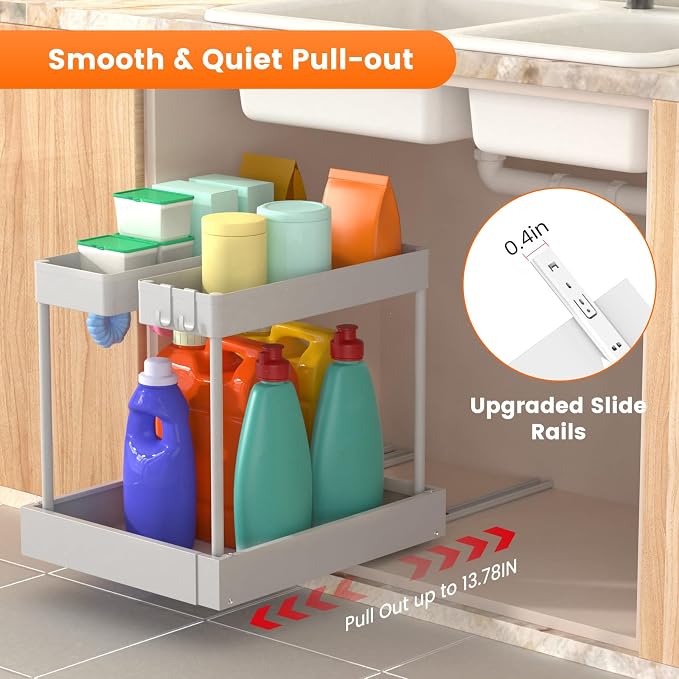 Expandable Under Sink Organizers and Storage,Width Adjustable (14.9-23.6IN),No Drill 2-Tier Pull Out Under Cabinet Organizer for Kitchen Bathroom Laundry White - Image 5