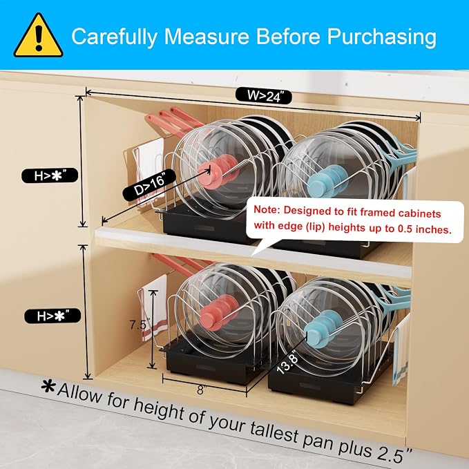 Pots and Pans Organizer Under Cabinet, Pot Lid Holder, 2 Pack | No Drill Slide-Out Pan Organizer with Adjustable Dividers & Handle Bracket, Pan Storage Inside Cabinet for Kitchen - Image 5